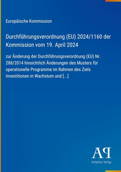 Texte über eine EU-Verordnung und Änderungen bei Programmen. Blaues Hintergrunddesign, Logo "Antiphon Verlag" unten.