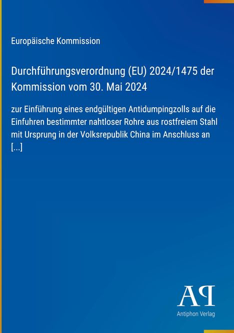 Europäische Kommission, Verordnung (EU) 2024/1475, zollbezogen. Blaues Cover, Logo unten rechts.