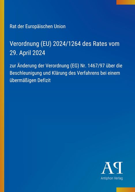 Text zur EU-Verordnung auf blauem Hintergrund, gelber Streifen links. Unten rechts weißes Logo: Antiphon Verlag.
