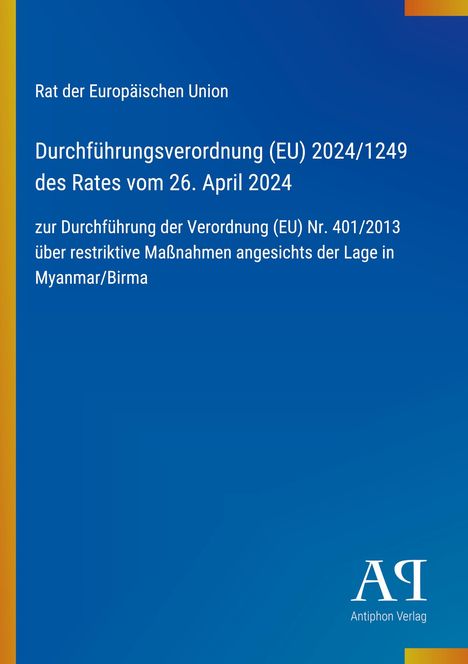 Text über Verordnung der EU zum 26. April 2024. Antiphon Verlag Logo unten rechts, blauer Hintergrund.