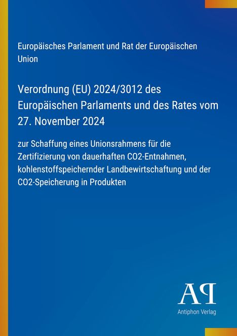 Europäische Verordnung zur CO2-Zertifizierung; blauer Hintergrund, Logo "AΠ Antiphon Verlag".