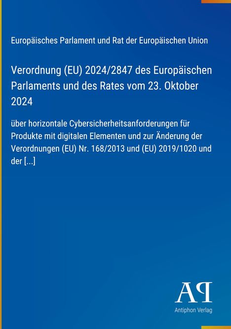 "Verordnung (EU) 2024/2847" auf dunkelblauem Hintergrund mit einem Verlagslogo in der Ecke.