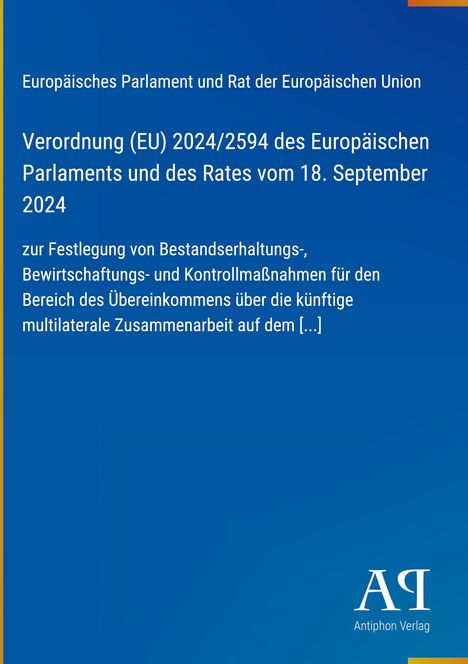 Text über EU-Verordnung zur Festlegung von Bestandsmaßnahmen. Unten rechts ein Verlag-Logo auf blauem Hintergrund.