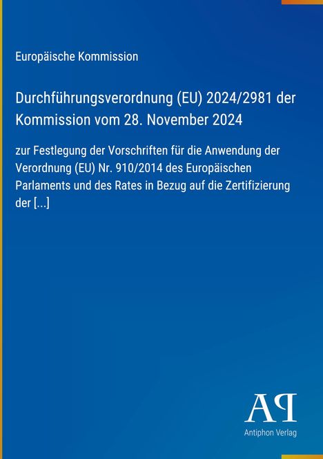 Text der Europäischen Kommission zu einer EU-Durchführungsverordnung, blauer Hintergrund, Logo des Antiphon Verlags.