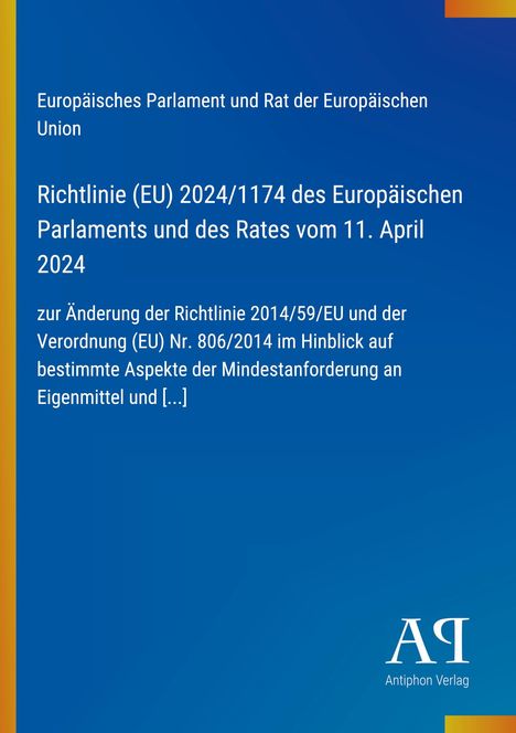Titel: Richtlinie (EU) 2024/1174 vom 11. April 2024. Blauer Hintergrund mit gelben Rändern, Logo unten rechts.