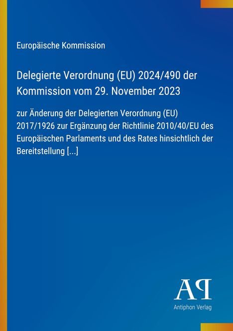 Text spricht von einer EU-Verordnung. Blaues Cover mit minimalistischem Design und einem Verlag-Logo unten rechts.