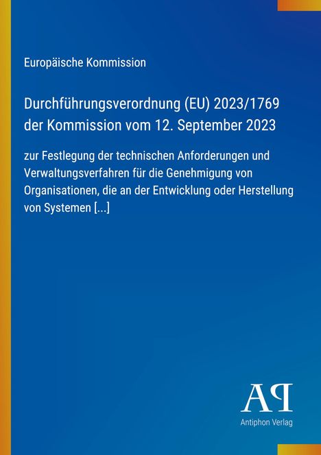 Titel: "Durchführungsverordnung (EU) 2023/1769" der Europäischen Kommission. Blaues Cover, schlichtes Design.
