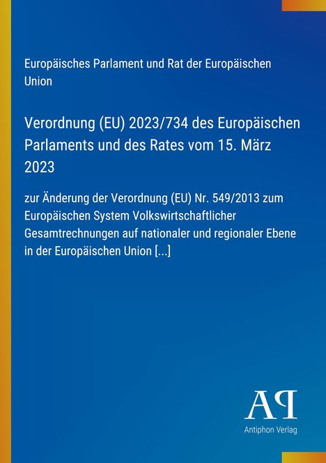 Titel: "Verordnung (EU) 2023/734 des Europäischen Parlaments". Unten rechts ist ein Logo: "AP Antiphon Verlag".