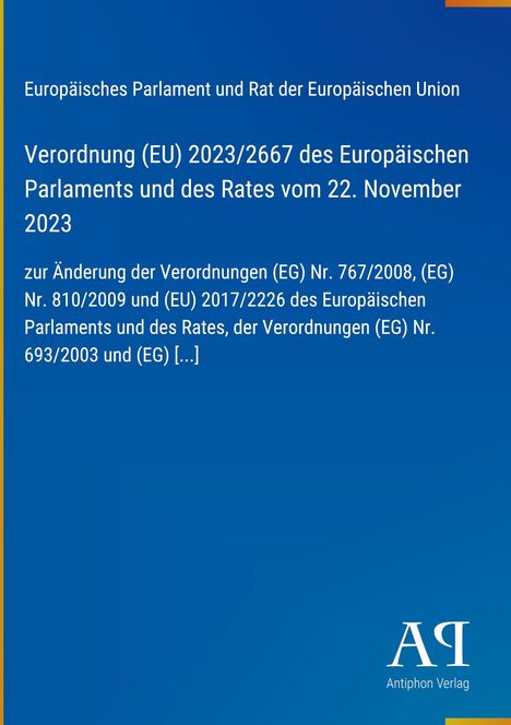 Verordnung (EU) 2023/2667 des Europäischen Parlaments und des Rates vom 22. November 2023, blauer Hintergrund.