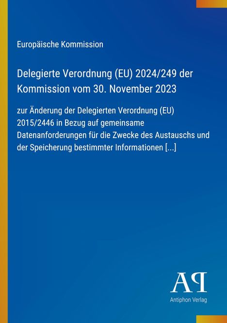 Text über EU-Verordnung von 2023, gelber Rand links, Logo "AR Antiphon Verlag" unten rechts auf blauem Hintergrund.