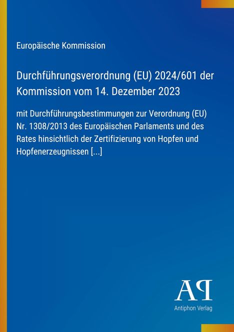 Text zur EU-Verordnung über die Zertifizierung von Hopfen, blauer Hintergrund, gelber Rand, Verlagssymbol unten rechts.