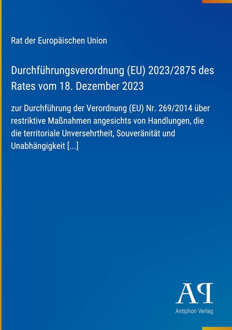 Text: Durchführungsverordnung (EU) 2023/2875 des Rates vom 18. Dezember 2023. Blaues Cover mit kleinem Logo unten.