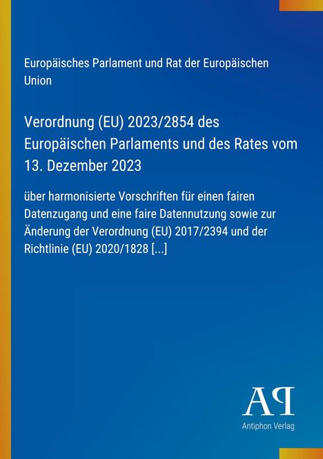 Text über eine EU-Verordnung von 2023. Blaues Design mit gelbem Rand. Unten rechts steht "Antiphon Verlag".