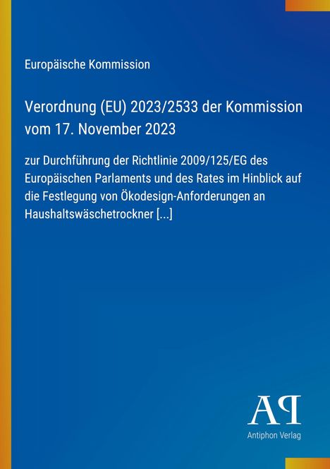 Text zur VO (EU) 2023/2533 der Kommission. Blauer Hintergrund, gelber Streifen links, zwei Logos.
