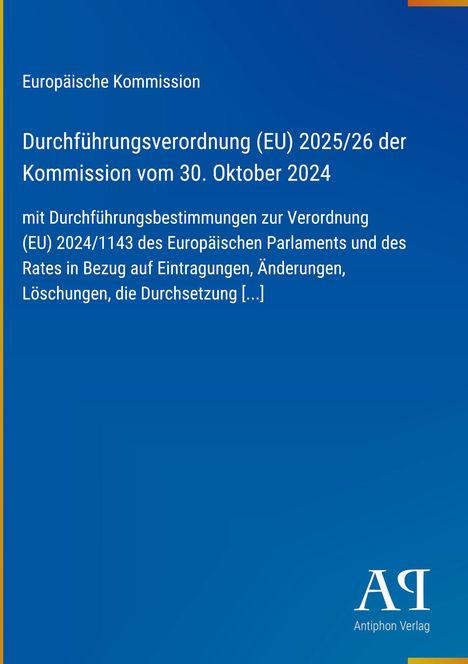 Text über EU-Verordnung auf blauem Hintergrund. Am unteren Rand kleines weißes Logo des Antiphon Verlags.