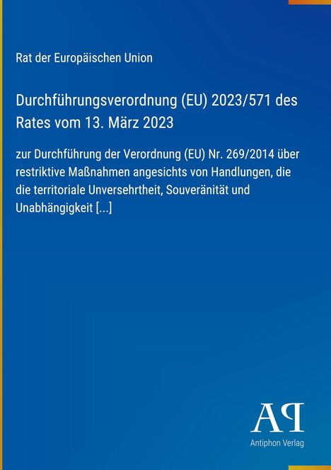 Durchführungsverordnung (EU) 2023/571 über Maßnahmen für territoriale Unversehrtheit. Blau mit weißem Text.