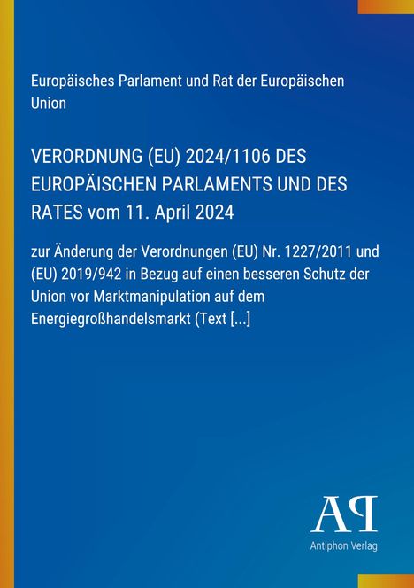 Text in Weiß auf blauem Hintergrund: Verordnung (EU) 2024/1106 vom 11. April 2024. Unten ist ein Verlag-Logo.