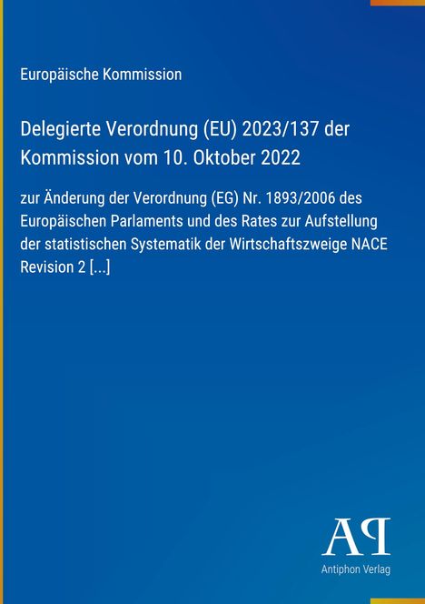 Text: Europäische Kommission, Delegierte Verordnung (EU) 2023/137, Antiphon Verlag. Blau mit weißem Text. Logo unten rechts.