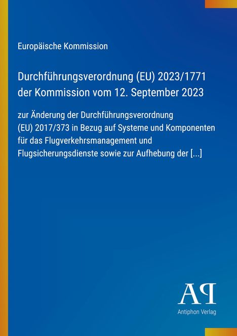 Text: Europäische Kommission, Durchführungsverordnung (EU) 2023/1771, Datum: 12. September 2023. Blau mit gelbem Rand.