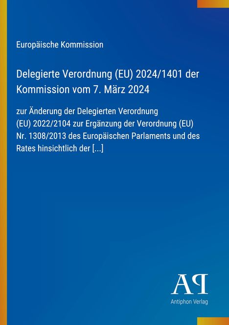 Text: "Europäische Kommission, Delegierte Verordnung (EU) 2024/1401 der Kommission vom 7. März 2024 [...]". Blaues Cover.