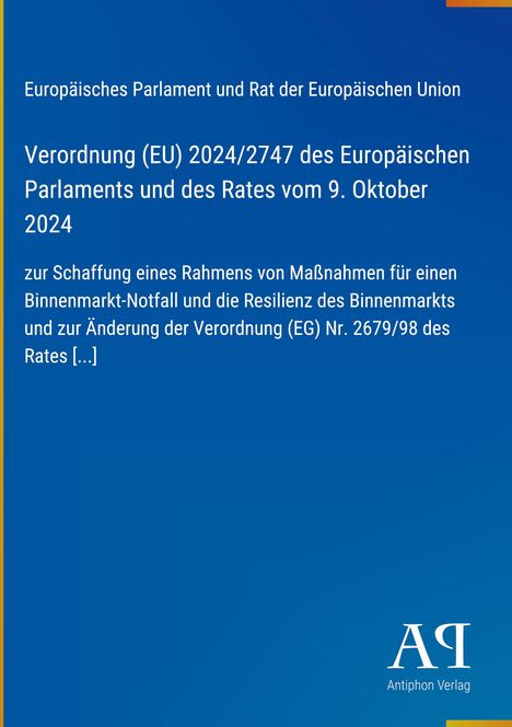 Verordnung (EU) 2024/2747, Europäisches Parlament. Blaues Design mit "Antiphon Verlag" Logo unten rechts.