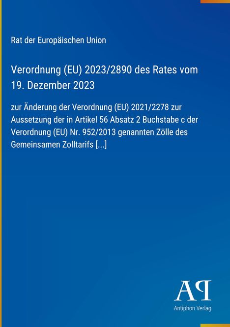 Verordnung (EU) 2023/2890, Änderung der Verordnung (EU) 2021/2278, blauer Hintergrund, Antiphon Verlag Logo.