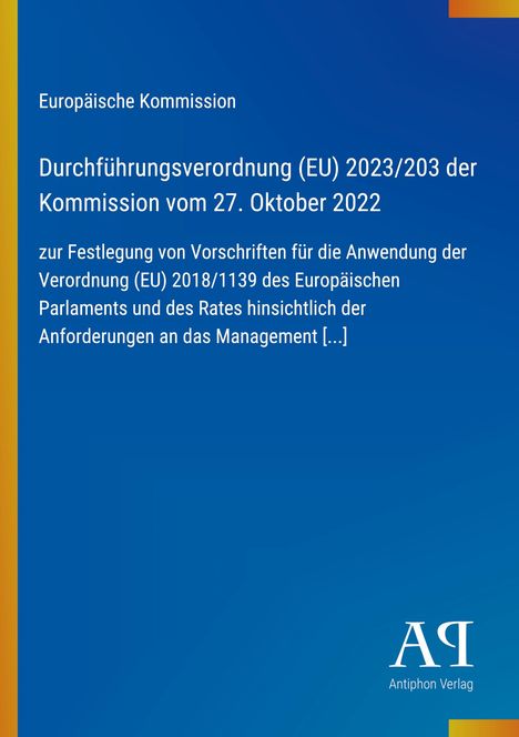 Text: "Europäische Kommission Durchführungsverordnung (EU) 2023/203". Blaues Cover mit gelbem Rand und kleinem Logo unten.