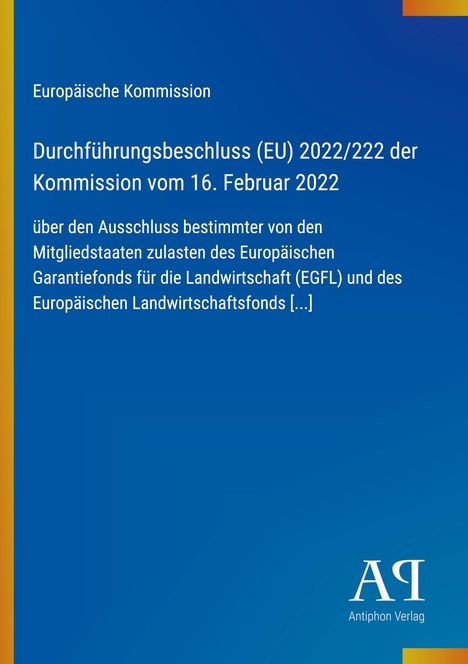 Blauer Hintergrund mit gelbem Rand links. Oben: "Europäische Kommission". Unten: "Antiphon Verlag" Logo.