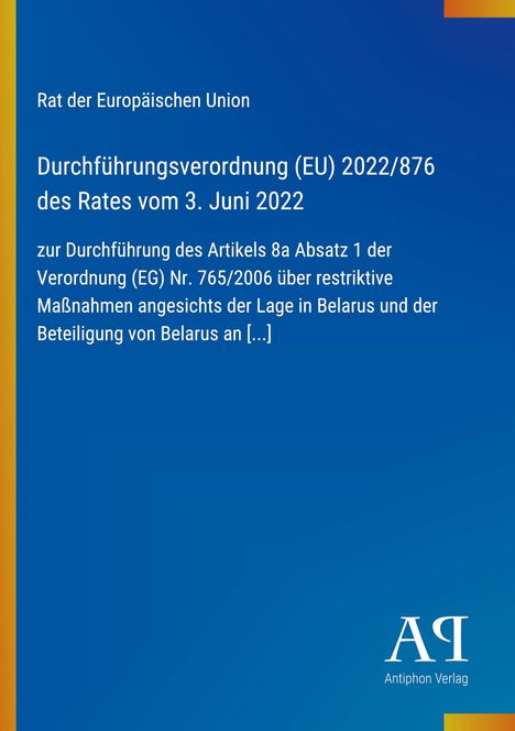 Text über Durchführungsverordnung der EU zur Lage in Belarus, blauer Hintergrund, gelber Streifen links.