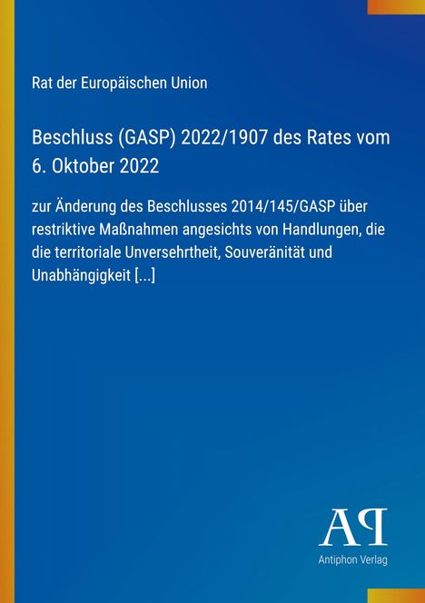 Text über EU-Beschluss zu restriktiven Maßnahmen auf blauem Hintergrund, links gelber Streifen, unten "Antiphon Verlag".