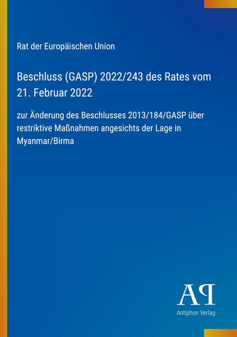 Text über Entscheidung der EU betreffend Myanmar/Birma. Blaues Design mit gelbem Streifen und "Α" Logo rechts unten.