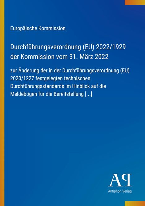 EU-Verordnung zur Änderung technischer Standards, blauer Hintergrund, gelber Rand links, Logo "AΠ" unten rechts.