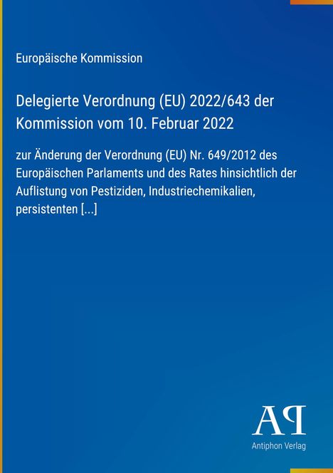Text: "Europäische Kommission. Delegierte Verordnung (EU) 2022/643 der Kommission vom 10. Februar 2022." Logo in Weiß.