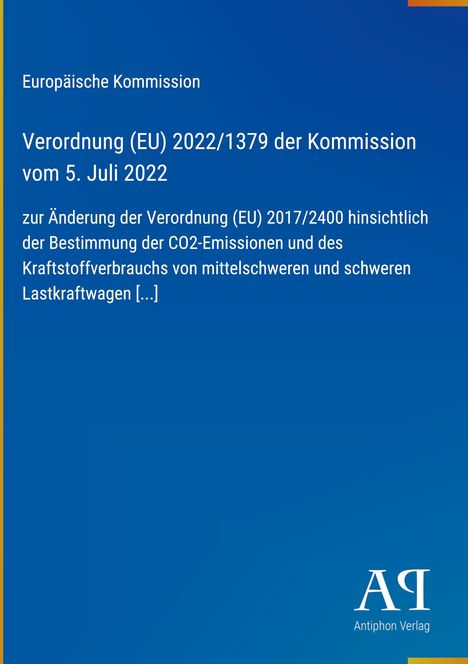 Text zu einer EU-Verordnung vom 5. Juli 2022 zur Änderung der CO2-Emissionsbestimmung. Blaues Design mit Verlagslogo.