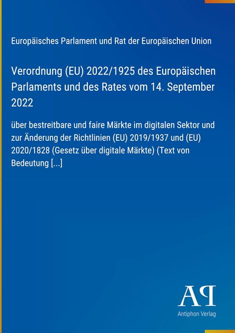 Verordnung (EU) 2022/1925 zu fairen Märkten im digitalen Sektor; blaues Design; Logo unten rechts.