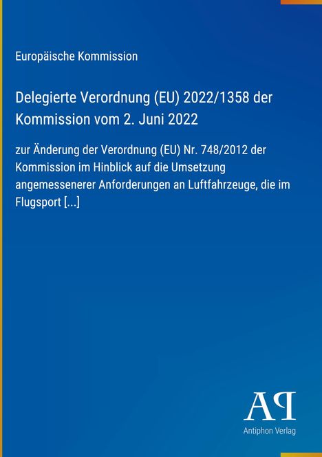 Europäische Verordnung über Luftfahrzeuge, blauer Hintergrund, gelber Rand, Logo "AΛ" und "Antiphon Verlag" unten rechts.