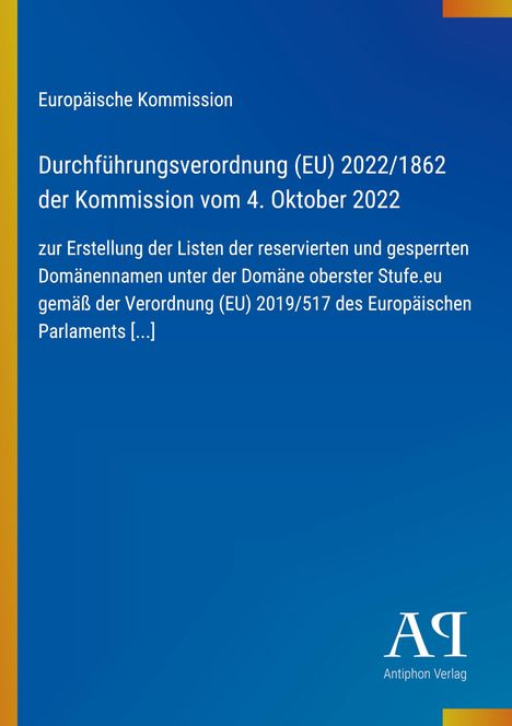 Text zur EU-Verordnung über reservierte Domänennamen auf blauem Hintergrund mit einem schmalen gelben Streifen links.