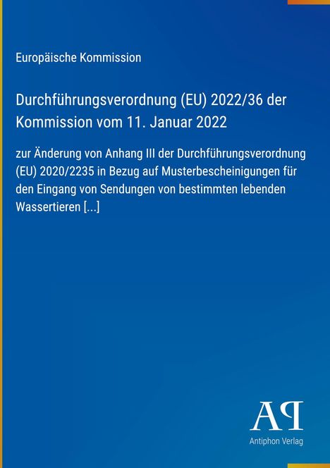 Europäische Kommission, Verordnung zur Änderung betreffend lebender Wassertiere, blaues Titelblatt mit Verlagslogo.