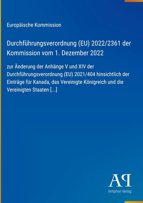 Text über EU-Durchführungsverordnung von 2022 mit Bezug auf Kanada, Vereinigtes Königreich und USA, blaues Design, Verlag.