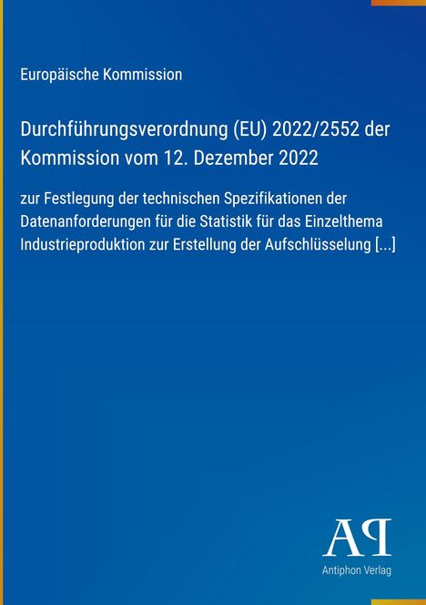 Europäische Kommission: Titel einer Verordnung mit Datum. Unten "Antiphon Verlag" auf blauem Hintergrund.