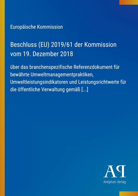 Text der Europäischen Kommission über Umweltmanagementpraktiken auf einem blauen Hintergrund mit gelben Akzenten.