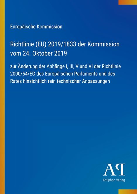 Europäische Kommission. Richtlinie (EU) 2019/1833. Oktober 2019. Technische Anpassungen. Blau mit gelbem Rand. Logo unten.