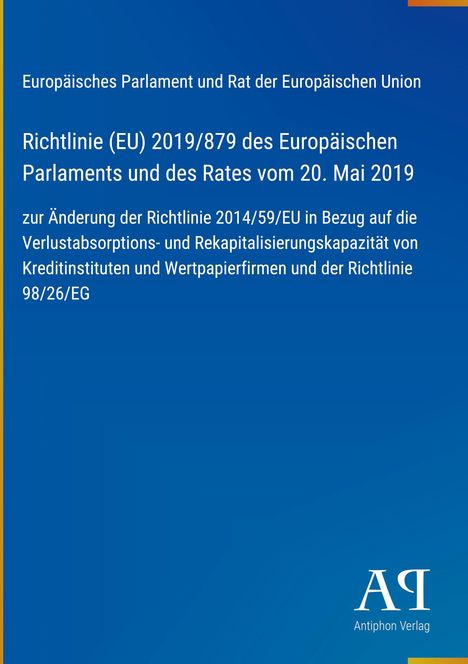 Text der EU-Richtlinie 2019/879 über Verlustabsorptionskapazität. Blaues Layout mit Verlag-Logo unten rechts.