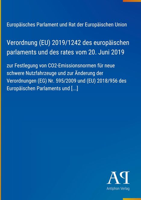Text über Verordnung (EU) 2019/1242 zu CO2-Emissionsnormen. Blaues Cover mit Logo "AV" unten rechts.