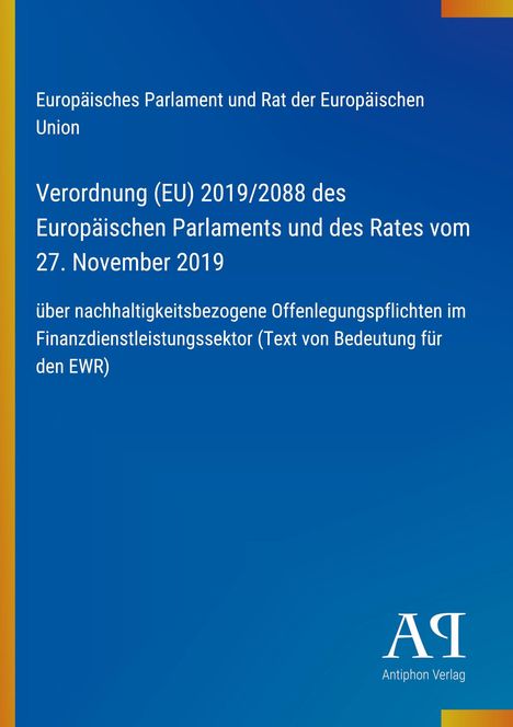 Europäische Verordnung über Offenlegungspflichten im Finanzsektor. Blaues Design mit gelbem Rand und Verlagslogo unten.