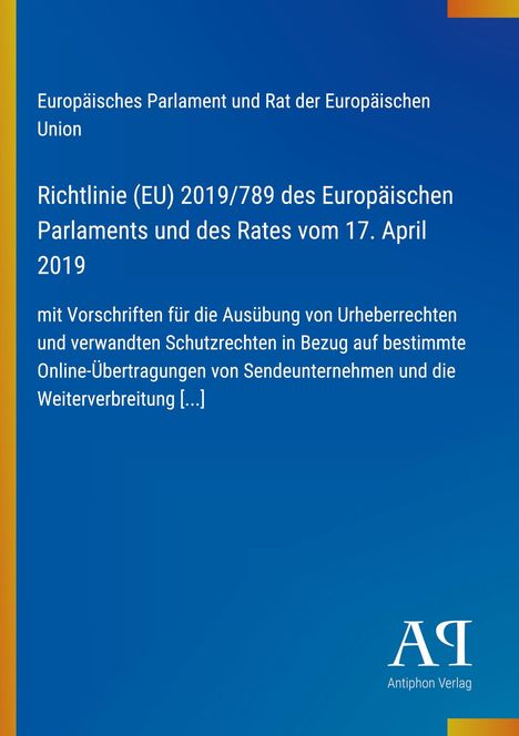 Europäische Richtlinie (EU) 2019/789 über Urheberrecht bei Online-Übertragungen, blau mit vertikalem gelben Streifen.