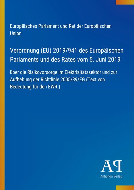"EU-Verordnung 2019/941 über Risikovorsorge im Elektrizitätssektor; blaues Design, rechts unten Verlag-Logo."