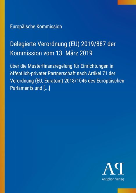 Text über EU-Verordnung von 2019 über öffentlich-private Partnerschaften. Blaues Design mit "Antiphon Verlag" Logo unten.