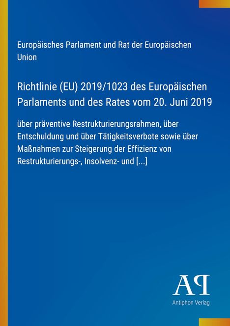 Text: "Richtlinie (EU) 2019/1023 des Europäischen Parlaments..." – Blauer Hintergrund mit gelbem Rand links. Logo unten rechts.