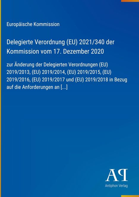 Text über EU-Verordnung. Enthält Titel, Datum, Änderungen und Nummern. Blauer Hintergrund, unten rechts Logo "Antiphon Verlag".